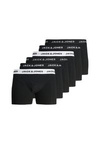 Sechs Paar schwarze Boxershorts mit elastischem Bund und "JACK & JONES"-Branding in Weiß. Weicher Stoff mit enger Passform.