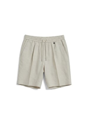 Pantaloncini da uomo beige chiaro con vita elastica, coulisse, tasche laterali e piccola targhetta logo in metallo sul lato destro.