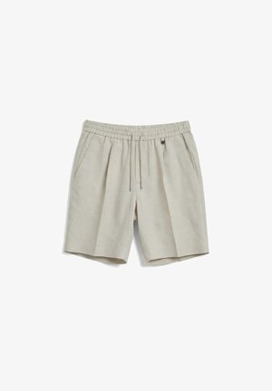 Pantaloncini da uomo beige chiaro con vita elastica, coulisse, tasche laterali e piccola targhetta logo in metallo sul lato destro.