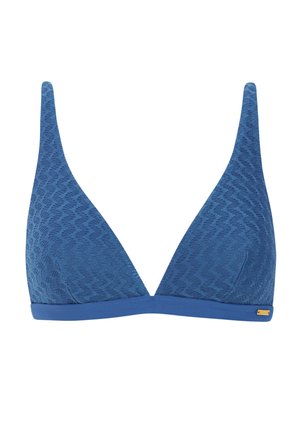 Blauwe driehoekige bikinitop met een gestructureerd patroon, verstelbare bandjes en een banddetail aan de onderkant. Inclusief goudkleurige accenten als sierelement.