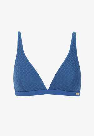 Niebieski trójkątny top bikini z teksturowanym wzorem, regulowanymi ramiączkami oraz detalem w postaci taśmy na dole. W zestawie elementy ozdobne w złotym odcieniu.