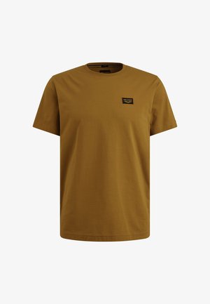 Bruine katoenen t-shirt met een ronde hals en korte mouwen. Heeft een klein zwart logo op de bovenste linkerkant.