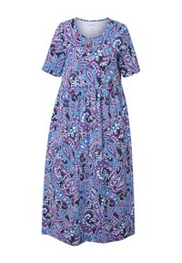 Vestido de manga corta en azul marino con un colorido patrón de paisley que presenta acentos en rojo, rosa y blanco, hecho de tela ligera y con un diseño acampanado.