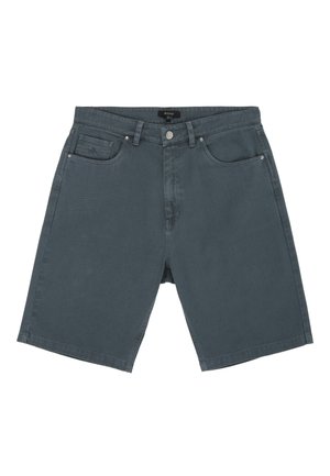 Dark gray men's knee-length denim shorts with front pockets, belt loops, and a button closure, size 32.