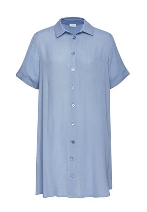 Light blue button-up shirt made of textured fabric with short rolled sleeves and a straight hem, featuring rounded collar and contrasting buttons.