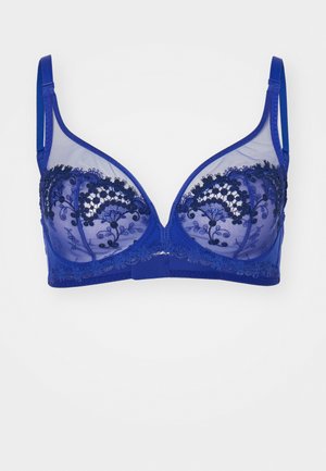 Blauer Spitzen-BH mit durchsichtigen Netz-Cups, filigraner floralem Stickerei, verstellbaren Trägern und einem Haken- und Ösenverschluss auf der Rückseite.