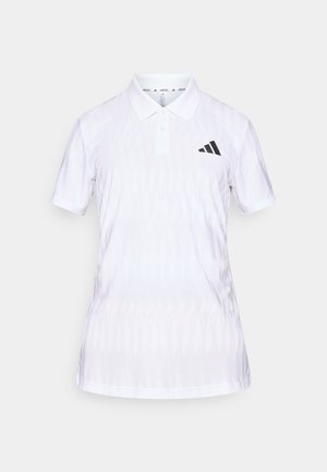 Bílá polokošile z prodyšné látky, se vzorovanou texturou, límečkem, krátkými rukávy a černým trojúhelníkovým logem na hrudi.