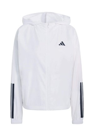 Chaqueta blanca con cremallera y capucha, hecha de material ligero. Presenta rayas marinas en las mangas y un pequeño logo negro en el pecho.