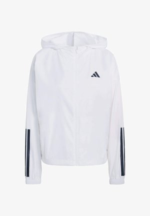 White zip-up jacket with hood, made of lightweight material. Features navy stripes on sleeves and a small black logo on chest.