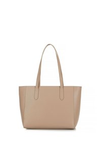 Borsa tote in pelle beige con due manici piatti, forma rettangolare, texture liscia e una leggera lucentezza. Nessun hardware o decorazione visibili.