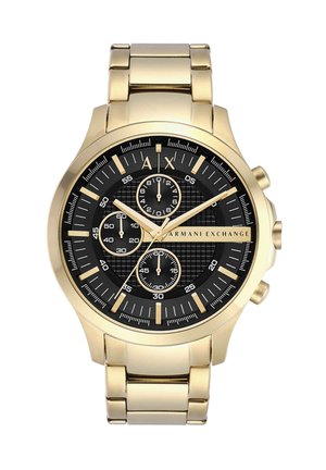 Goldfarbene Armani Exchange Armbanduhr mit schwarzem Zifferblatt, drei Hilfszifferblättern, goldenen Stundenmarkierungen und einem Metallgliederarmband.