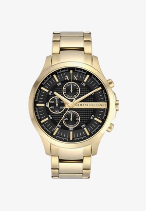 Goldfarbene Armani Exchange Armbanduhr mit schwarzem Zifferblatt, drei Hilfszifferblättern, goldenen Stundenmarkierungen und einem Metallgliederarmband.