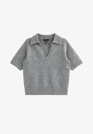 Maglione grigio a maniche corte con scollo a V e colletto. Tessuto morbido con orlo e maniche a coste; design semplice a tinta unita.