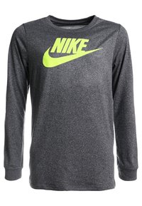 Langarm Nike-shirt van donkergrijs materiaal, met een groot neongele logo op de borst. Ronde halslijn en manchetten.