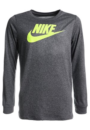 T-shirt à manches longues Nike en matériau gris foncé, arborant un grand logo jaune néon sur la poitrine. Encolure ronde et manches à poignets.