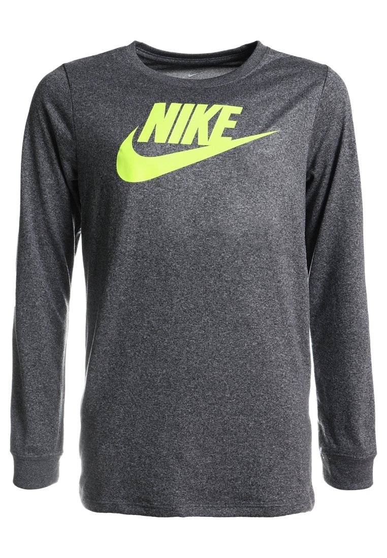 Langarm Nike-shirt van donkergrijs materiaal, met een groot neongele logo op de borst. Ronde halslijn en manchetten.
