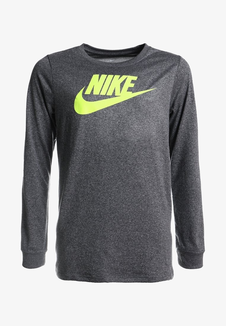 Långärmad Nike-tröja i mörkgrått material, med en stor neon-gul logotyp över bröstet. Rundad halsringning och manschetter vid ärmarna.