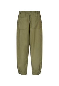 Groene, relaxte broek met een elastische tailleband, twee achterzakken en gegatherde manchetten. Gemaakt van gladde, middelzware stof.