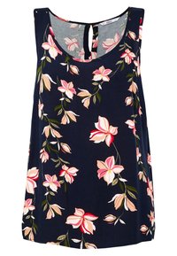 Débardeur bleu marine à fleurs en tissu léger avec des motifs floraux roses et blancs. Il présente un col arrondi et un détail goutte d'eau au dos.