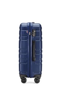 Valigia rigida blu con superficie testurizzata, doppia cerniera, lucchetto a combinazione integrato, maniglia laterale e quattro ruote nere per una facile mobilità.