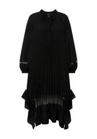Vestido negro plisado con mangas largas, dobladillo con volantes, cuello alto y detalles de cordón. Tejido liviano con acentos transparentes.