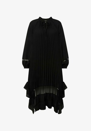 Abito nero plissettato con maniche lunghe, orlo arricciato, scollatura alta e dettagli con coulisse. Tessuto leggero con inserti trasparenti.