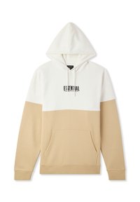 Felpa con cappuccio dal design a blocchi di colore bianco e beige, realizzata in morbido cotone, dotata di tasca anteriore e grafica "ESSENTIAL" in nero.