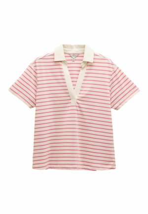 Īsām piedurknēm polo krekls gaiši rozā un krēmkrāsas svītrās, ar dziļu V-veida kakla izgriezumu un kontrastējošu krēmkrāsas apkakli ar nelielu iegriezumu.