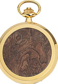 Goldene Taschenuhr in runder Form, mit einem strukturierten dunklen Holz-Zifferblatt und einer dekorativen Schlaufe an der Oberseite zur Befestigung.