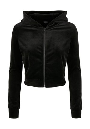Schwarze cropped Kapuzenjacke aus weichem, samtigem Material. Mit Reißverschluss vorne, langen Ärmeln und einer Kapuze. Einfaches Design ohne Muster oder Akzente.