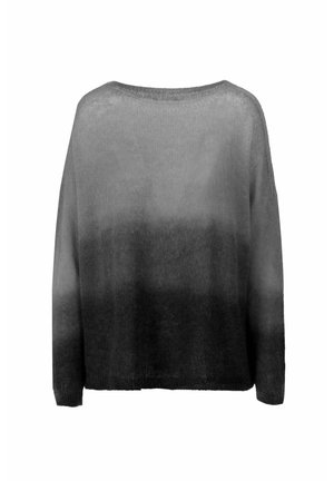 Sweter z dzianiny z długim rękawem, z gradientowym przejściem od jasnoszarego u góry do ciemnoszarego na dole, okrągły dekolt, luźny krój.