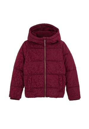 Chaqueta acolchada burdeos con estampado de leopardo, cremallera frontal, capucha y dos bolsillos delanteros, forrada con material de forro polar suave.
