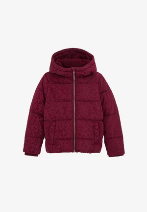 Veste matelassée bordeaux avec motif léopard, fermeture éclair à l'avant, capuche, et deux poches avant, doublée en molleton doux.