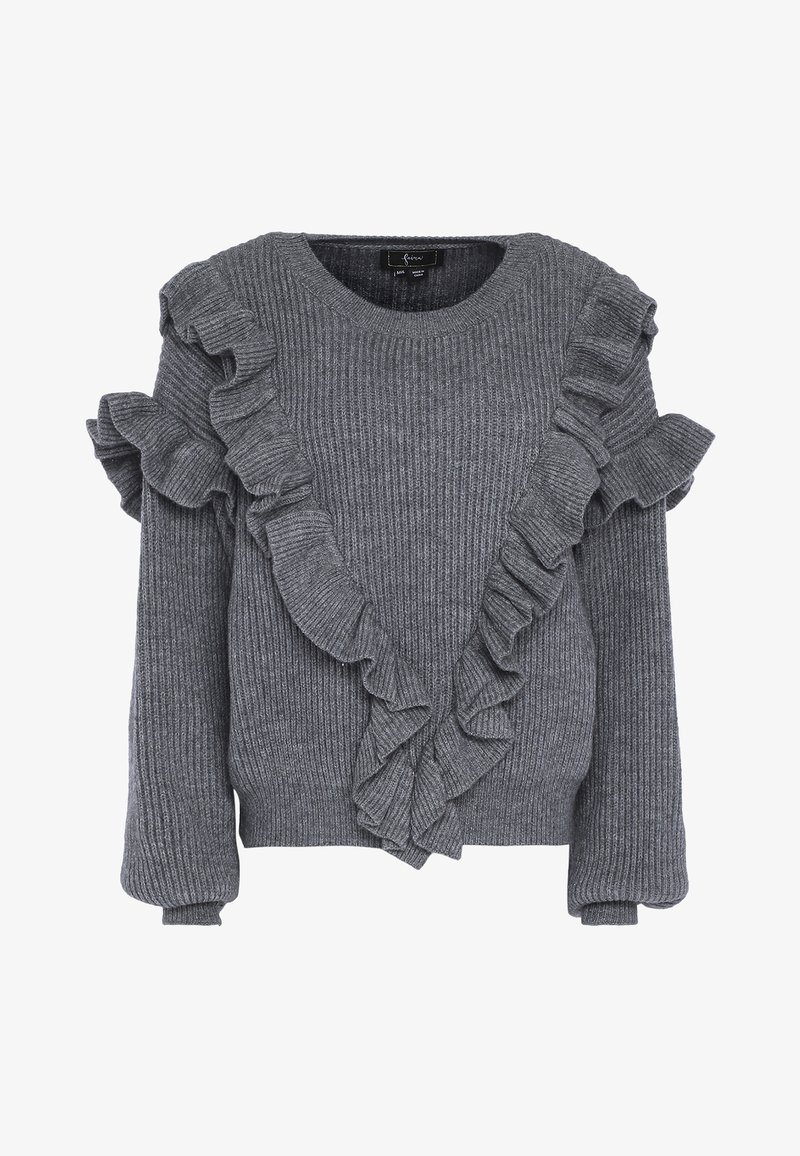 Maglione grigio a maglia con dettagli arricciati sulle spalle e sul davanti. Tessuto a coste, maniche lunghe e scollo rotondo.