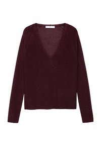 Burgundowa sweter z długimi rękawami, głębokim dekoltem w serek i prążkowaną strukturą, z rękawami raglanowymi i luźnym krojem.