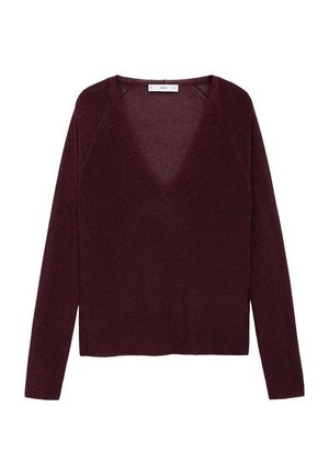 Maglione bordeaux a maniche lunghe con scollatura a V profonda e texture a coste, caratterizzato da maniche raglan e una vestibilità morbida.