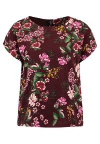 Top a maniche corte in tessuto borgogna, con un motivo floreale in tonalità di rosa, bianco e verde; vestibilità comoda con scollatura rotonda.