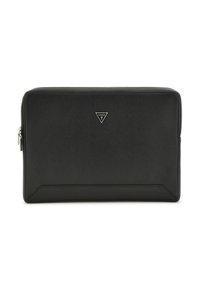 Czarna skórzana torba na laptopa o teksturowanym wykończeniu, z trójkątnym srebrnym logo i zapięciem na zamek, prostokątna forma z kanciastymi akcentami.
