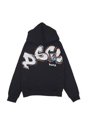 Felpa nera con cappuccio, caratterizzata da un grande logo "PSGL" colorato sul retro, con figure e dettagli in bianco e arancione. Materiale in cotone.