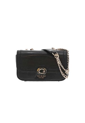 Sac bandoulière en fausse cuir noir avec une texture effet crocodile subtile, présentant une quincaillerie en or et une bandoulière en chaîne. Forme rectangulaire.
