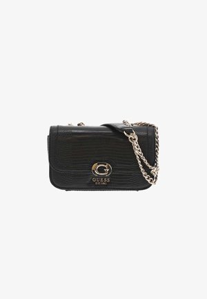 Sac bandoulière en fausse cuir noir avec une texture effet crocodile subtile, présentant une quincaillerie en or et une bandoulière en chaîne. Forme rectangulaire.