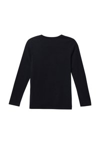 Een effen zwart langemouwen shirt met ronde hals, gezien vanuit de achterkant op een witte achtergrond.