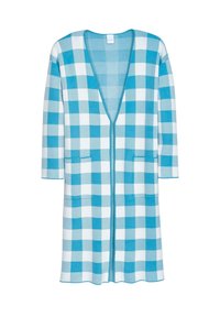 Lichtgewicht cardigan in een teal en wit geruit patroon, met een diepe V-hals, driekwart mouwen en twee voorzakken.