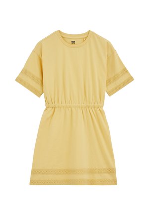 Żółta sukienka z krótkim rękawem, z elastyczną talią i koronkowymi zdobieniami na rękawach i dole, z okrągłym dekoltem.