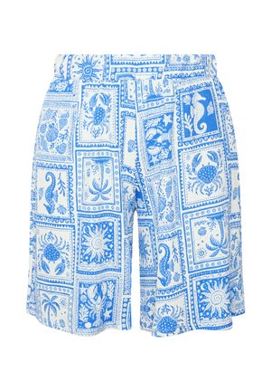Blaue und weiße Shorts mit einem wiederholenden maritimen Muster, das Krabben, Seepferdchen, Hummer, Seesterne und Sonnenmotive in gerahmten Quadraten zeigt.