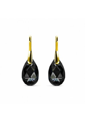 Orecchini a goccia in cristallo nero con forma a lacrima, dotati di un gancio in oro giallo lucido. Il cristallo è sfaccettato per un effetto scintillante.
