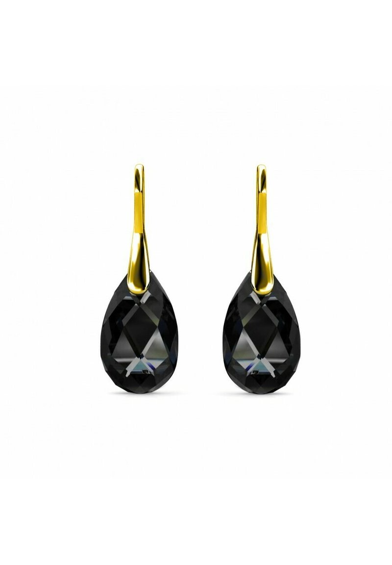 Orecchini a goccia in cristallo nero con forma a lacrima, dotati di un gancio in oro giallo lucido. Il cristallo è sfaccettato per un effetto scintillante.