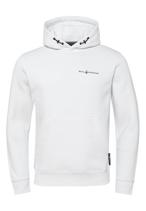 Hvid hættetrøje med justerbar snor i huen, frontlomme i kængurustil og sort "Sail Racing" logo på brystet. Blødt stof, normal pasform.