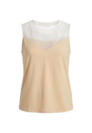 Mouwloze beige top met witte mesh inzet en ronde halslijn, ontworpen voor dames casual wear.