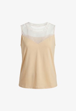 Varrukateta beež top valge võrgust kaeluse ja ümmarguse kaelusega, disainitud naiste vabaaja riietuseks.